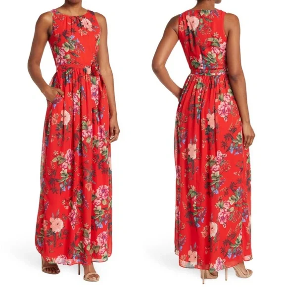 belted chiffon maxi dress eliza j Eliza J High Low Floral Maxi Dress Sz 8 Navy Blue Chiffon Sundress Halter Belted